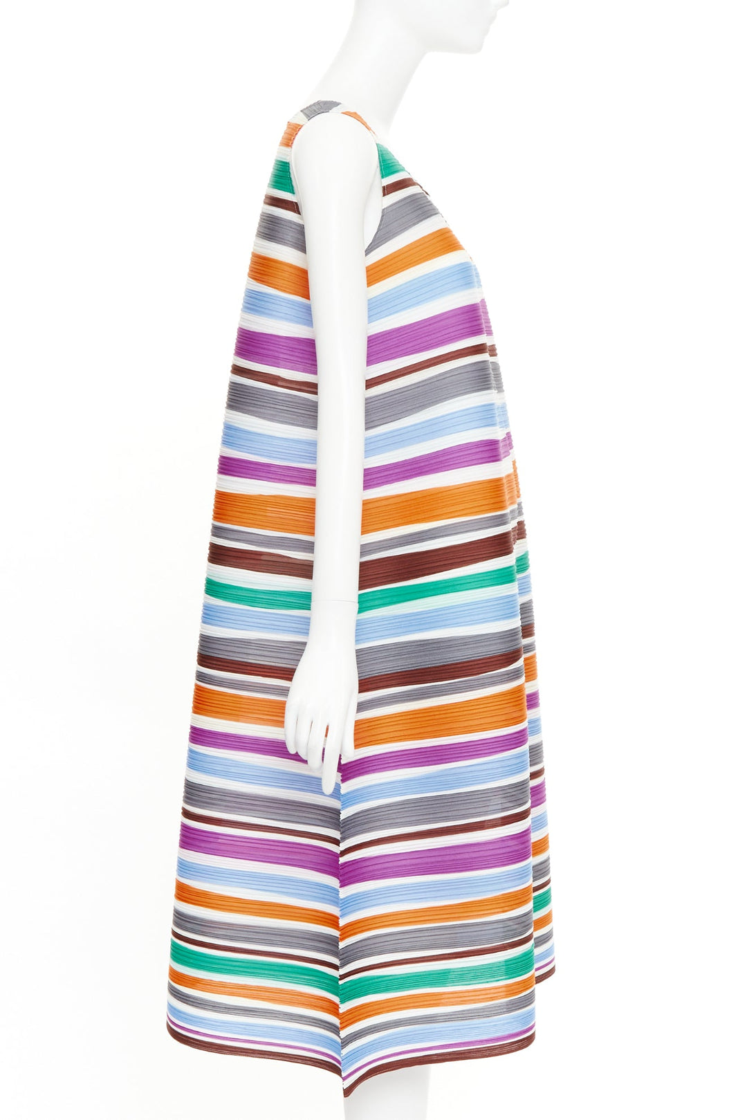 PLEATS PLEASE ISSEY MIYAKE multicolor striped sleeveless trapeze dress JP3 L