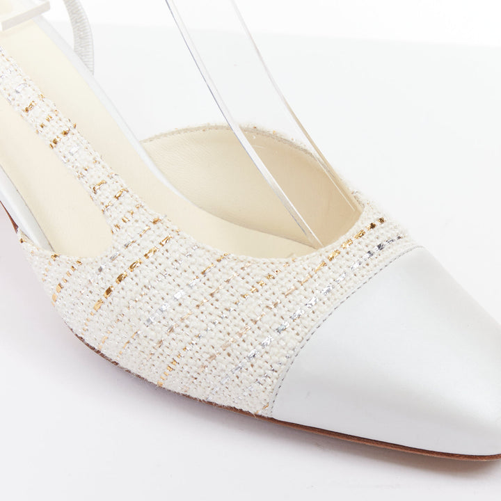CHANEL white silver gold metallic tweed CC logo block slingback pumps EU39