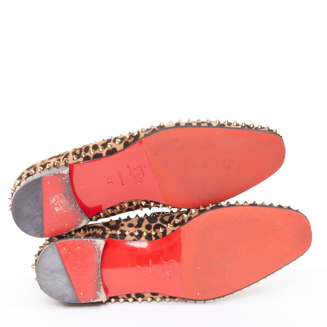 CHRISTIAN LOUBOUTIN brown leopard print ponyhair gold spike stud loafers EU43