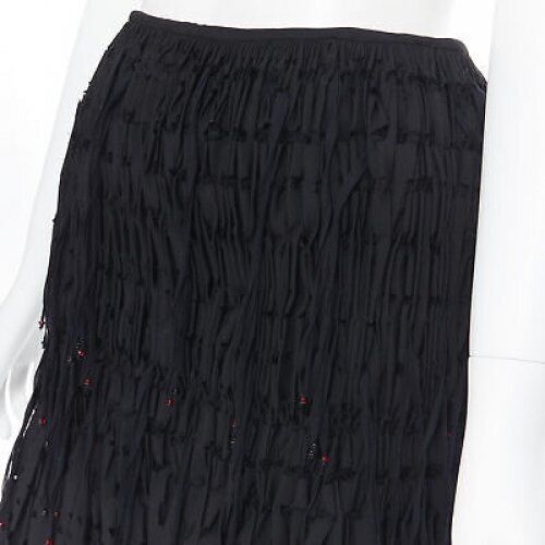 ALAIA black geometric cut out pleated shirred red bead fringe skirt FR38 M