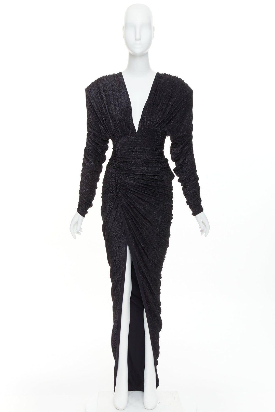 ALEXANDRE VAUTHIER black metallic lurex Power shoulder padded draped slit gown