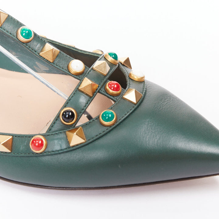 VALENTINO Rolling Rockstud green multicolor gold stud caged ballerina flats EU38