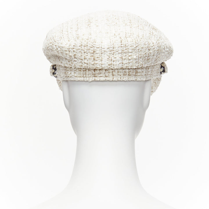 CHANEL 2017 Runway white cotton tweed black rope sailor newsboy hat S
