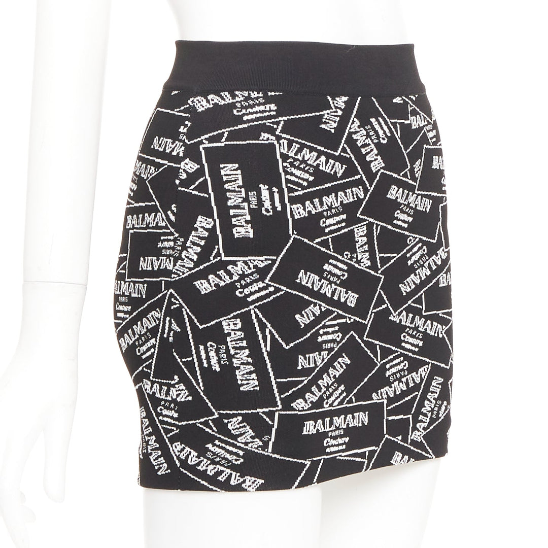 BALMAIN 2025 Label Jacquard Knit black white logo box intarsia skirt FR34 XS