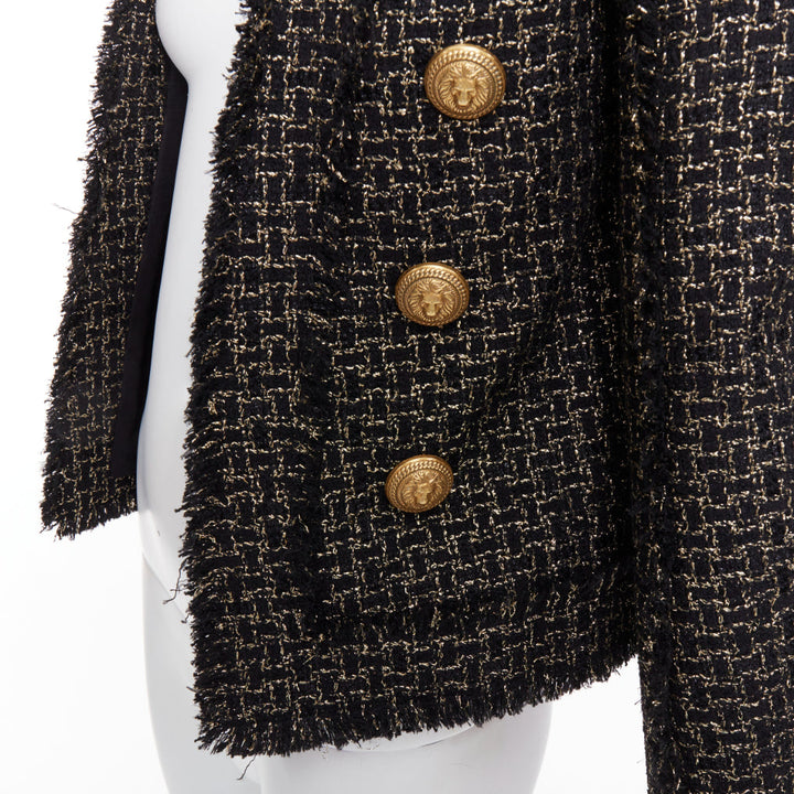BALMAIN black gold tweed gold lion head buttons power jacket FR34 XS