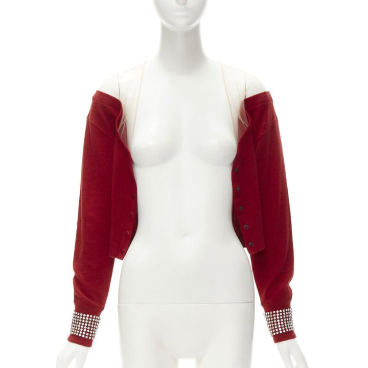 ALEXANDER WANG nude mesh red off shoulder crystal cuff cardigan S