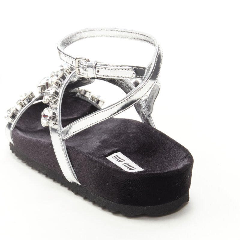 MIU MIU large rhinestone crystal metallic silver velvet flat sandals EU37