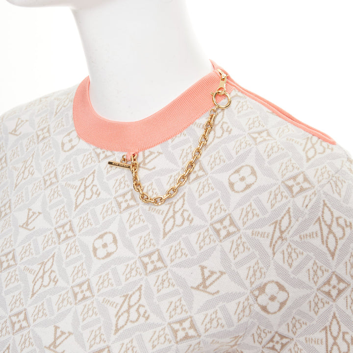 LOUIS VUITTON 2022 Since 1964 Monogram pink grey jacquard gold chain sweater XS
