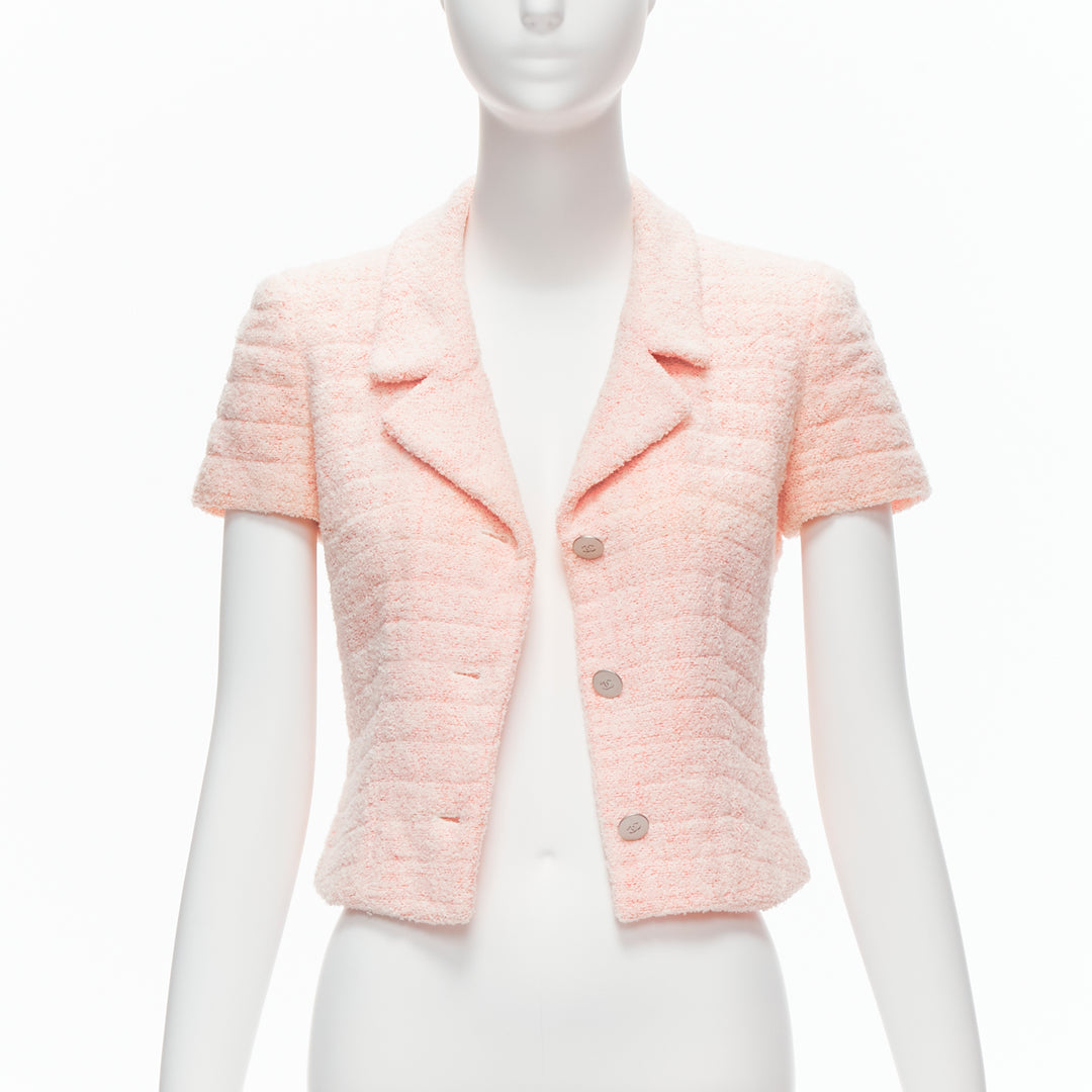 rare CHANEL 00T Vintage CC logo button pink tweed cropped jacket FR38 M