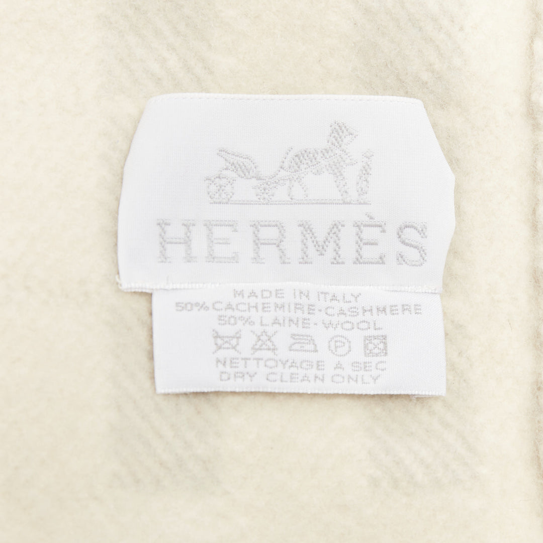 HERMES cream light grey cashmere wool H logo square throw blanket