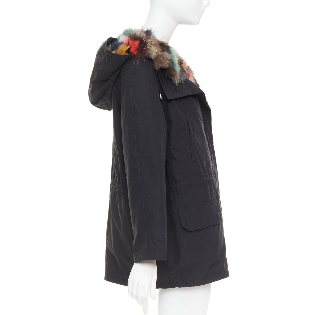 Black cotton detachable multicolour fox fur lined parka coat IT36 XXS