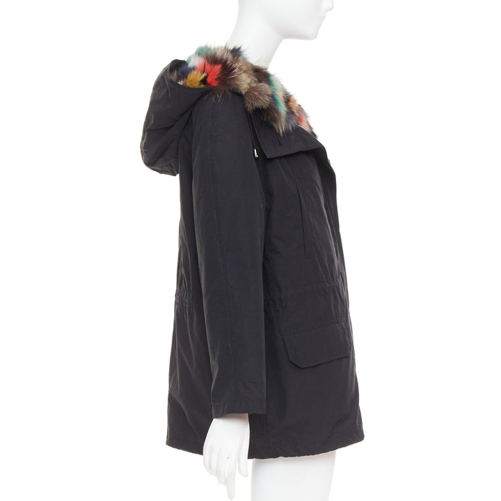 Black cotton detachable multicolour fox fur lined parka coat IT36 XXS