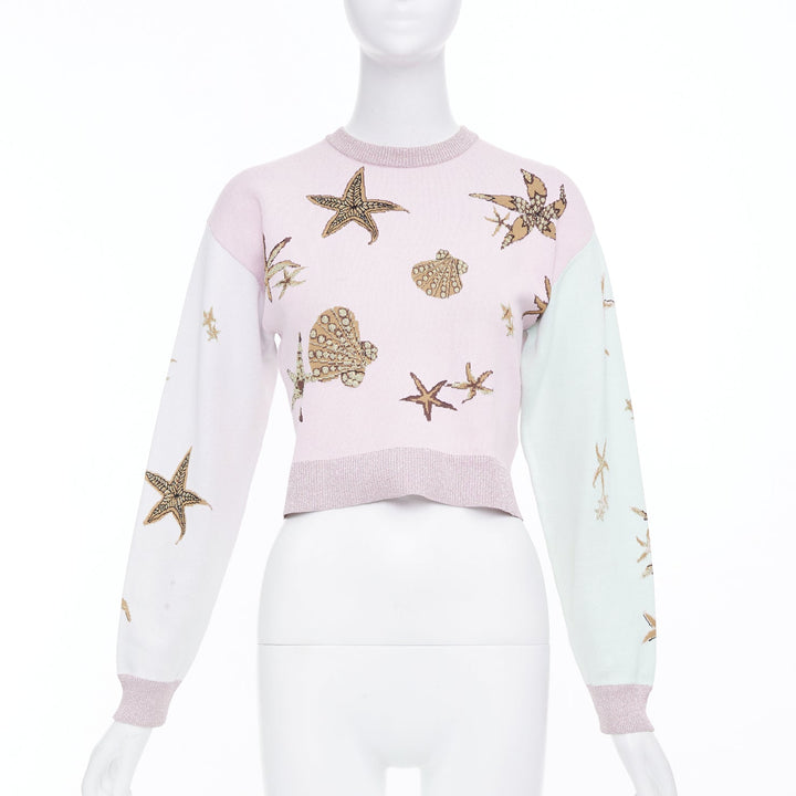 VERSACE 2021 Tresor de la Mer pink crystal starfish lurex crop sweater IT38 XS