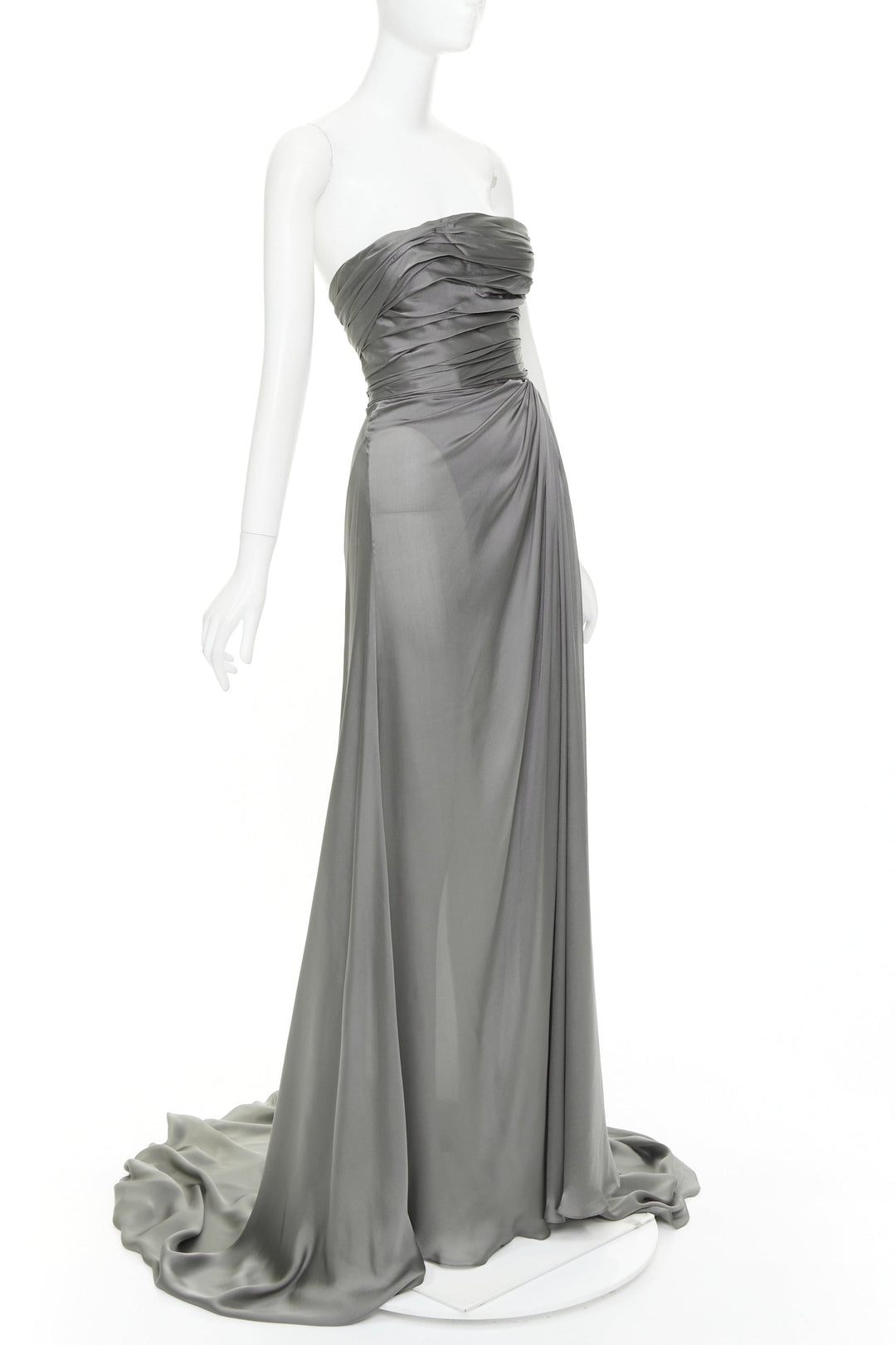 ALEXANDRE VAUTHIER COUTURE steel grey ruched draped strapless high slit gown