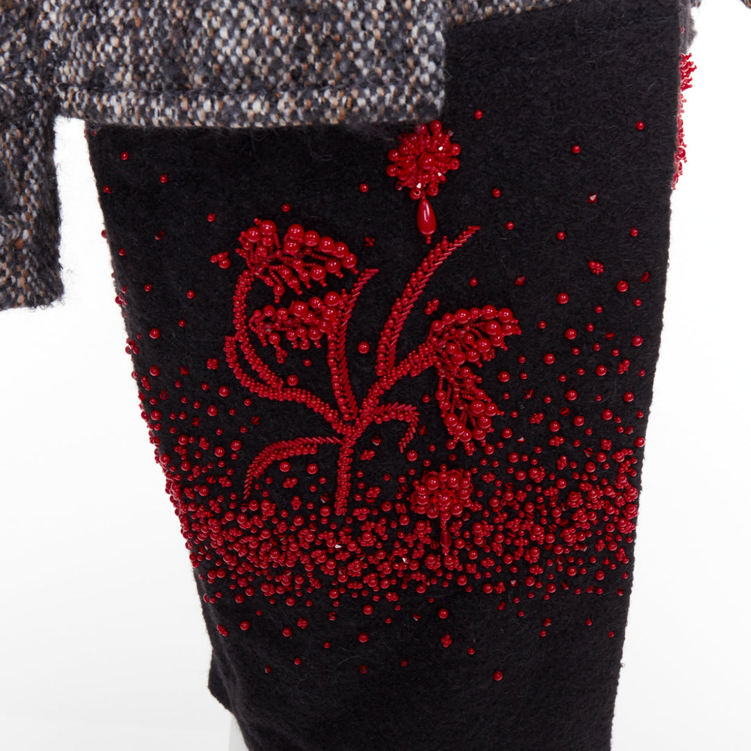 PRADA 2017 speckled wool tweed red bead embellishment hem long coat IT38 XS