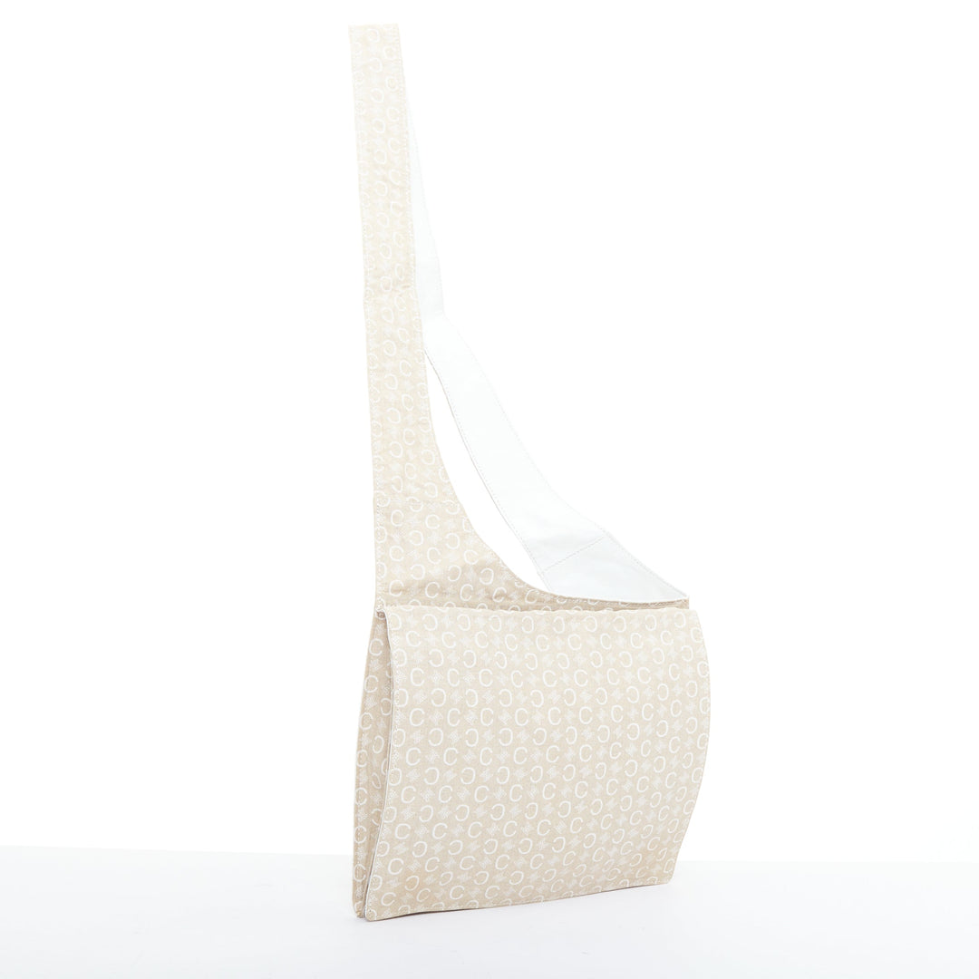 CELINE Vintage beige fabric Triomphe monogram white leather crossbody bag