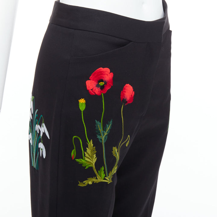 STELLA MCCARTNEY 2015 black 100% wool floral embroidery trousers IT36 XXS