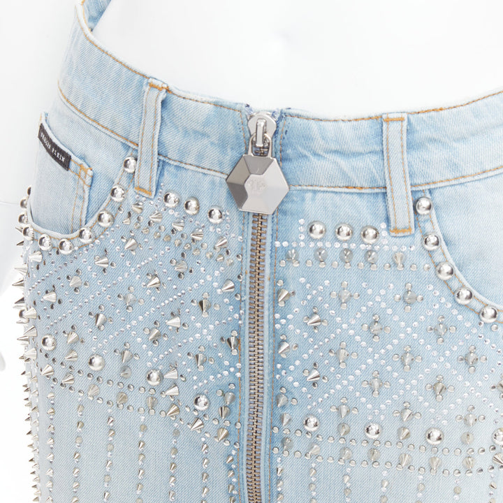 PHILLIP PLEIN New Skirt blue cotton stud crystal front zip skirt 25"