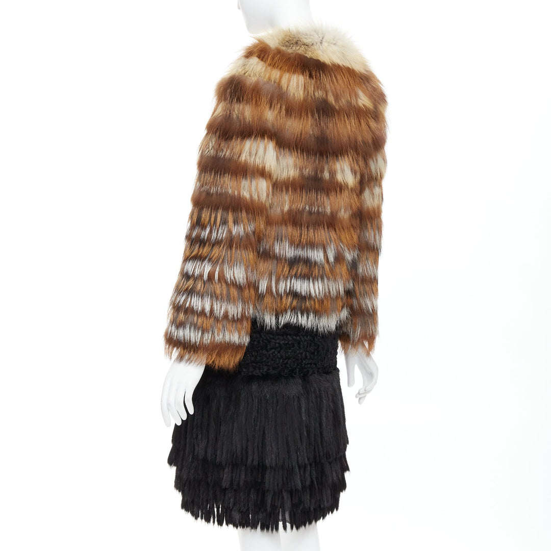 GIAMBATTISTA VALLI brown black mixed fur fringe hem long coat