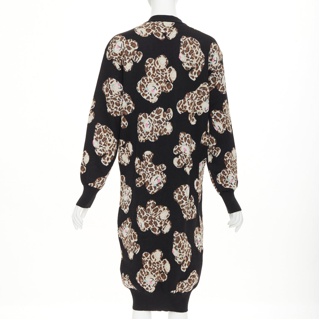 MOSCHINO Leopard Teddy black brown virgin wool knit long cardigan IT38 XS