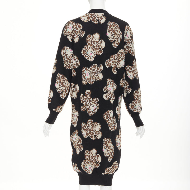 MOSCHINO Leopard Teddy black brown virgin wool knit long cardigan IT38 XS