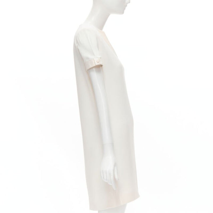 SAINT LAURENT 2013 Hedi Slimane ivory crepe leather trimmed V-neck dress FR36 S