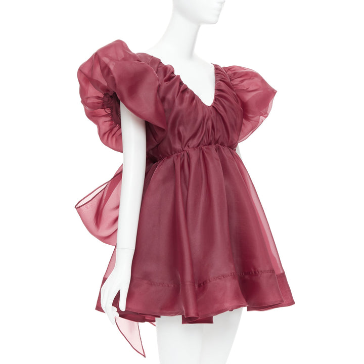 AJE Greta maroon burgundy organza puff sleeve mini dress UK6 XS