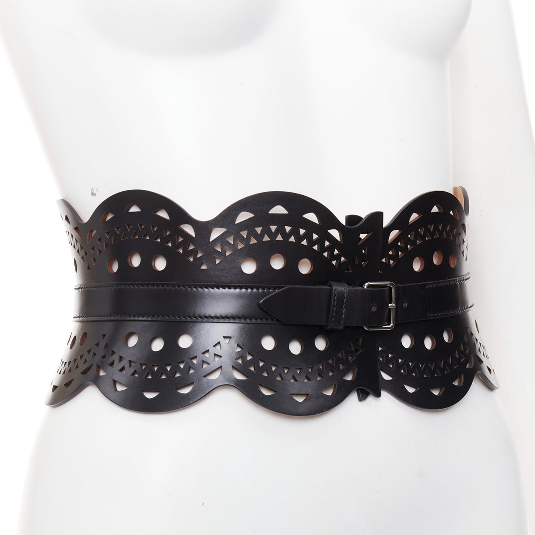 ALAIA black leather laser cut out scalloped wide statement corset belt 65cm