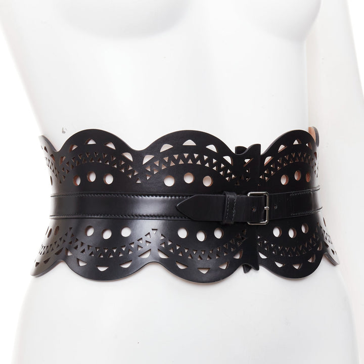 ALAIA black leather laser cut out scalloped wide statement corset belt 65cm