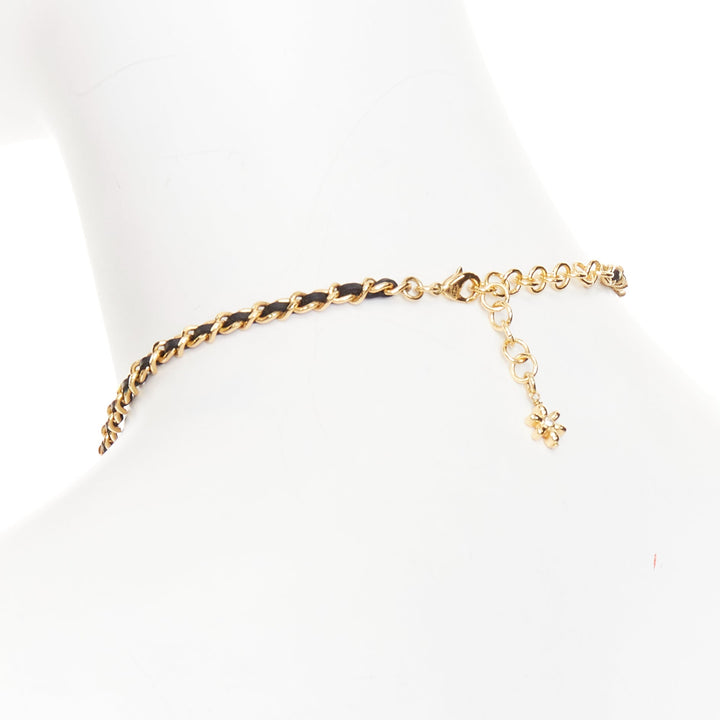 CHANEL I23A gold-tone CC  crystal strass pave black leather choker necklace
