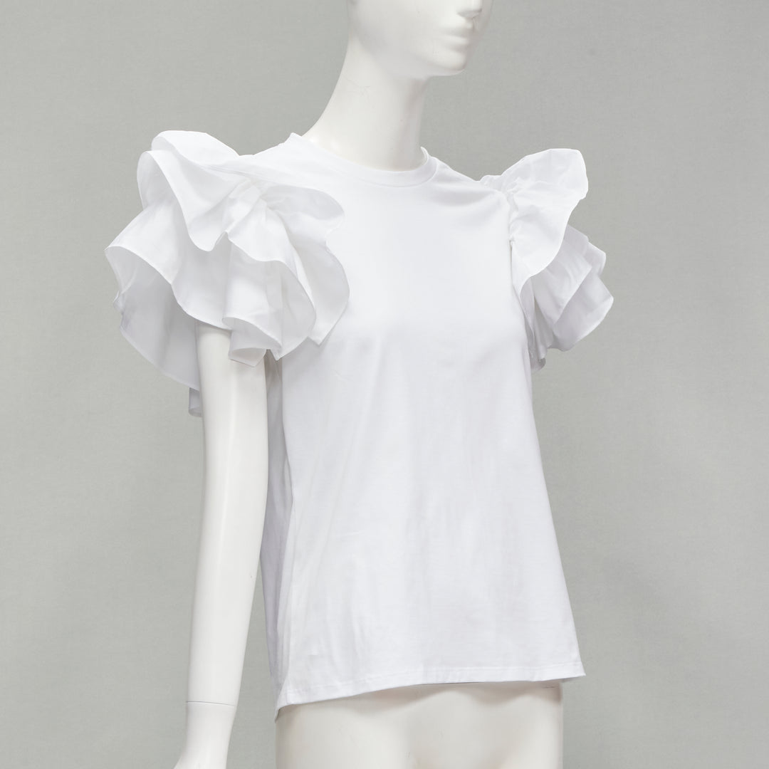 ALEXANDER MCQUEEN white cotton ruffle sleeve crew neck t-shirt IT38 XS