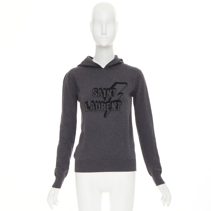 SAINT LAURENT 2017 Eclair Lightning Bolt grey black logo stud hooded sweater XS