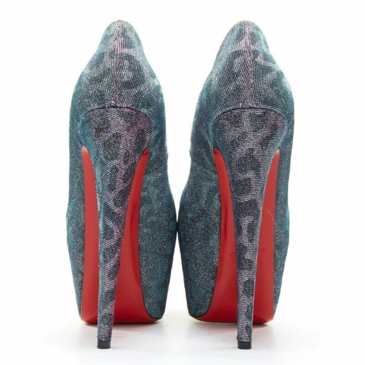 CHRISTIAN LOUBOUTIN Highness 160 blue lame leopard peep toe platform EU38