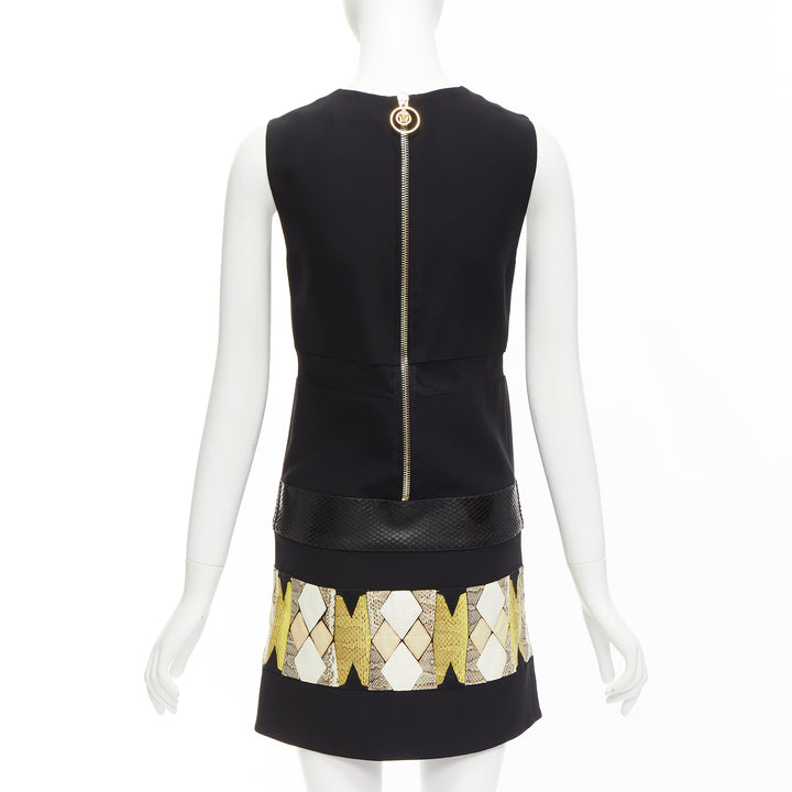VERSACE 2014 black scaled leather patchwork sheer panel mod mini shift dress
