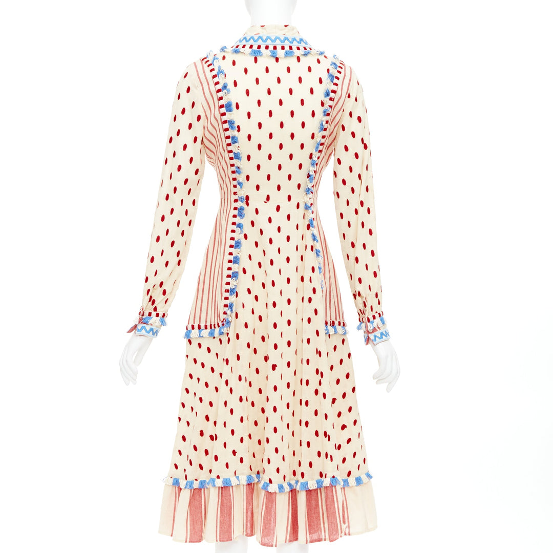 DODO BAR OR Padma beige red blue knotted embroidery cotton boho dress US0 XS