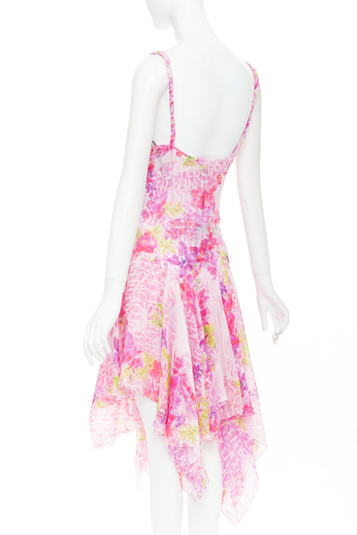 VERSACE 2023 Runway silk chiffon pink orchid logo chiffon pleated dress IT38