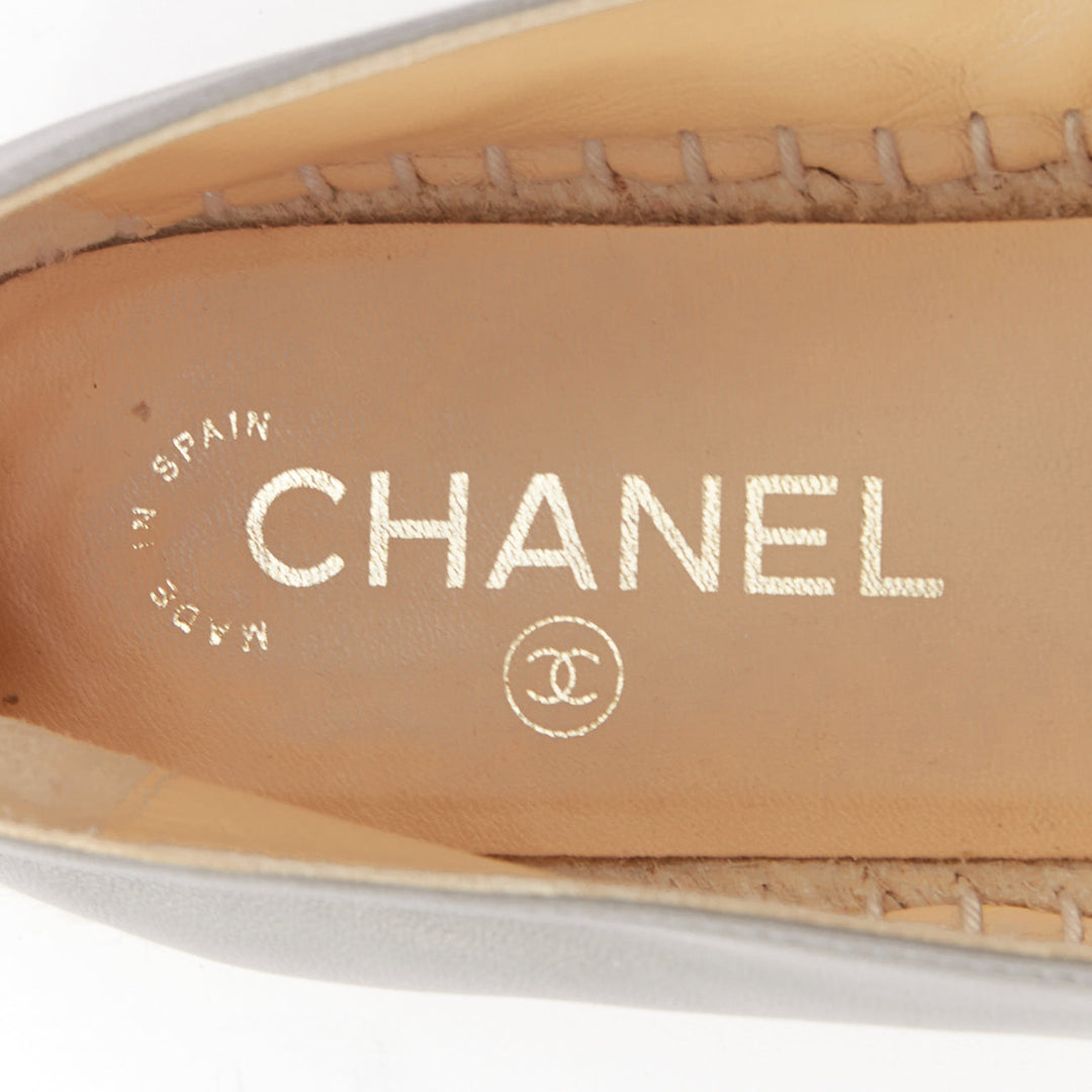 CHANEL bicolor grey lambskin leather black cap toes CC espadrilles shoes EU39