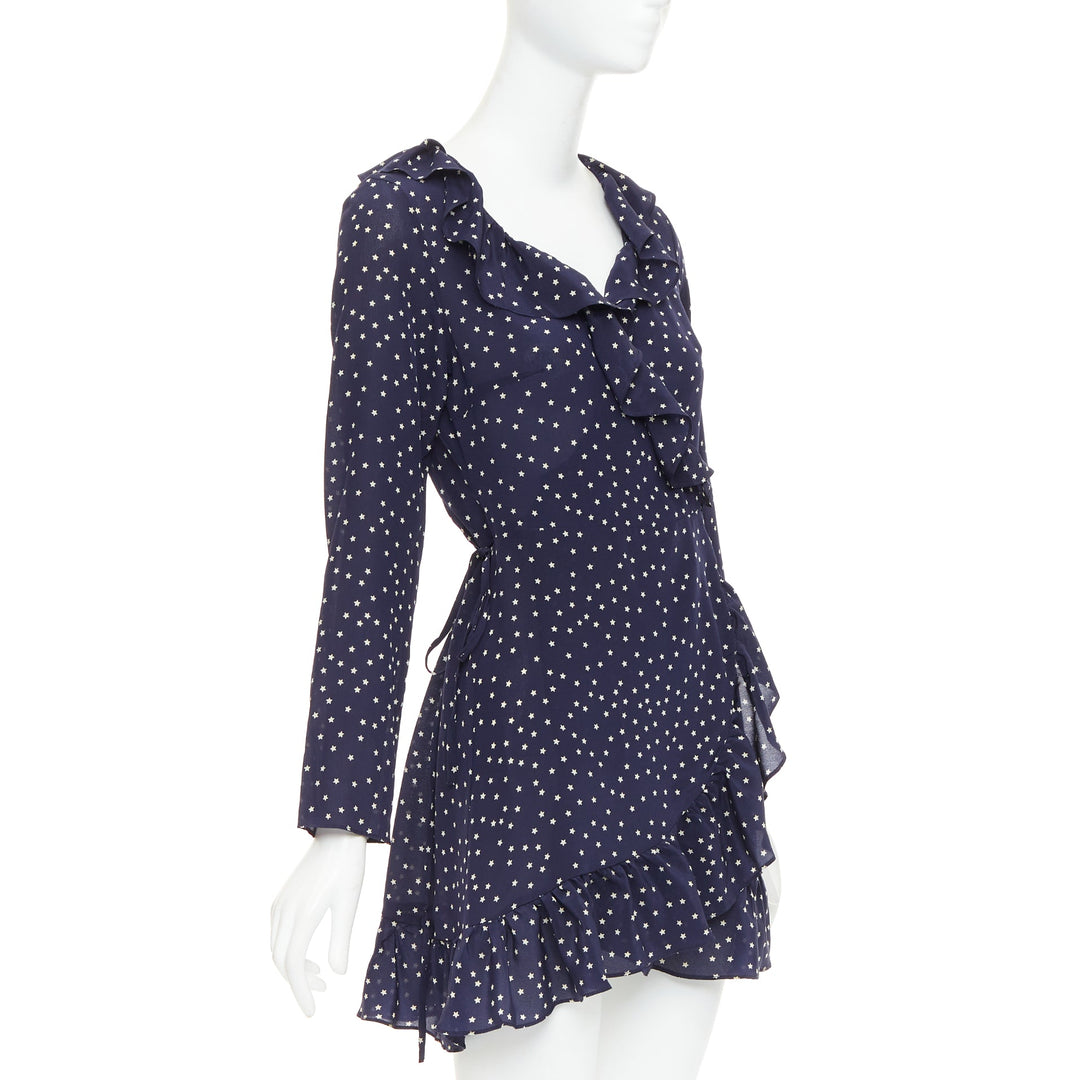 REALISATION Alexandra 100% silk navy white star print wrap tie mini dress S