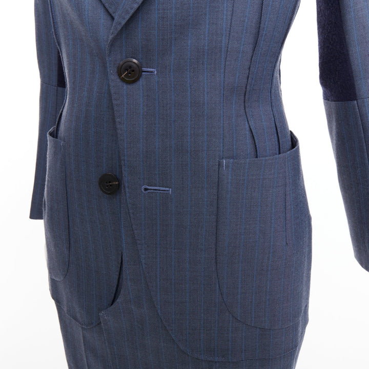 JUNYA WATANABE 2012 Runway blue wool pinstriped tromp loeil seam long coat S