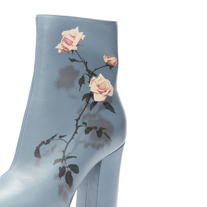 DRIES VAN NOTEN Runway slate blue rose print block heel ankle boot EU36