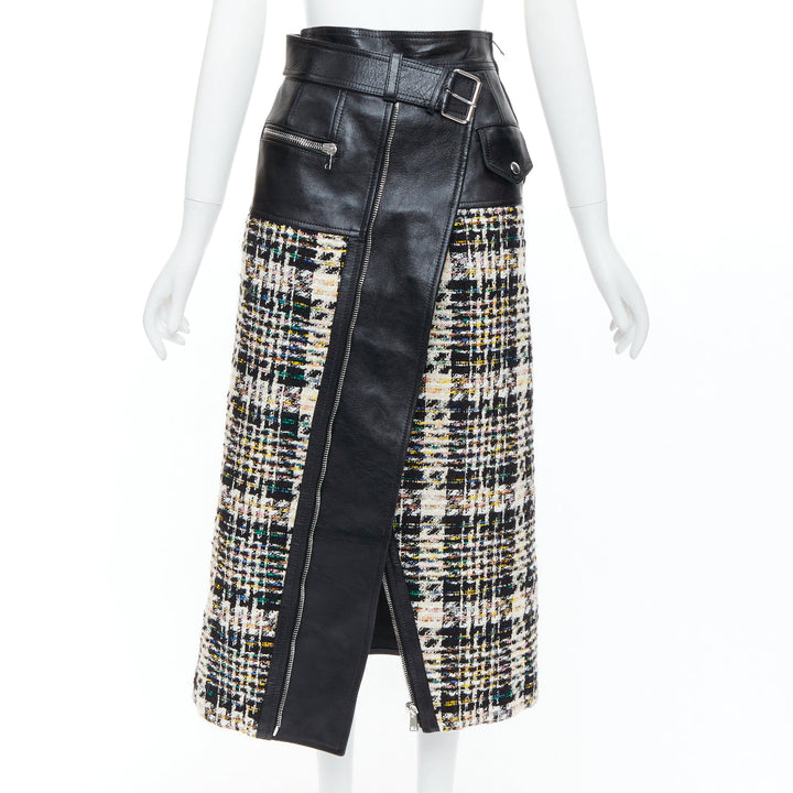 ALEXANDER MCQUEEN 2023 Hybrid leather tweed deconstructed biker skirt IT36 XXS