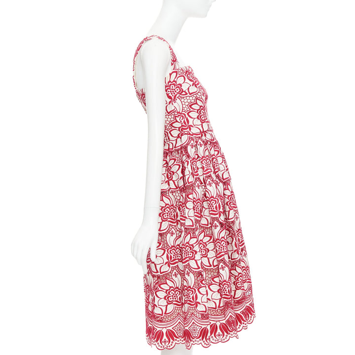 DOLCE GABBANA 2021 red cream floral embroidery anglais flared sun dress IT38 XS