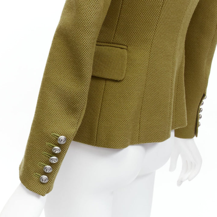 BALMAIN green silver lion button double breasted military blazer jacket FR36 S