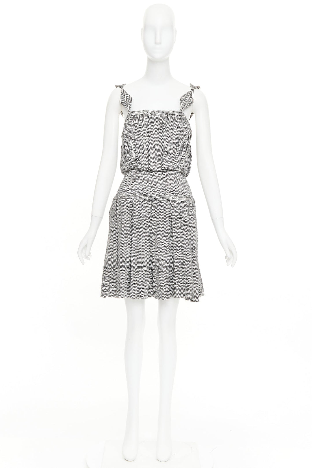 RODARTE Vintage grey Trompe loeil Herringbone silk pleated mini dress US4 S