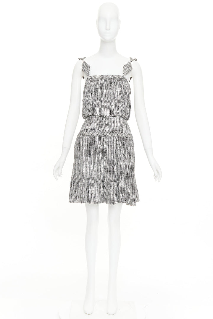 RODARTE Vintage grey Trompe loeil Herringbone silk pleated mini dress US4 S
