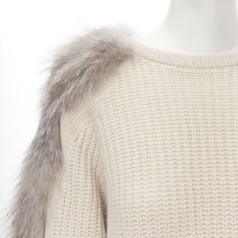 BRUNELLO CUCINELLI beige 100% cashmere grey fox fur sleeve waffle knit sweater M