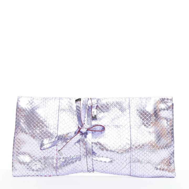 YVES SAINT LAURENT purple metallic scaled leather wraparound clutch bag