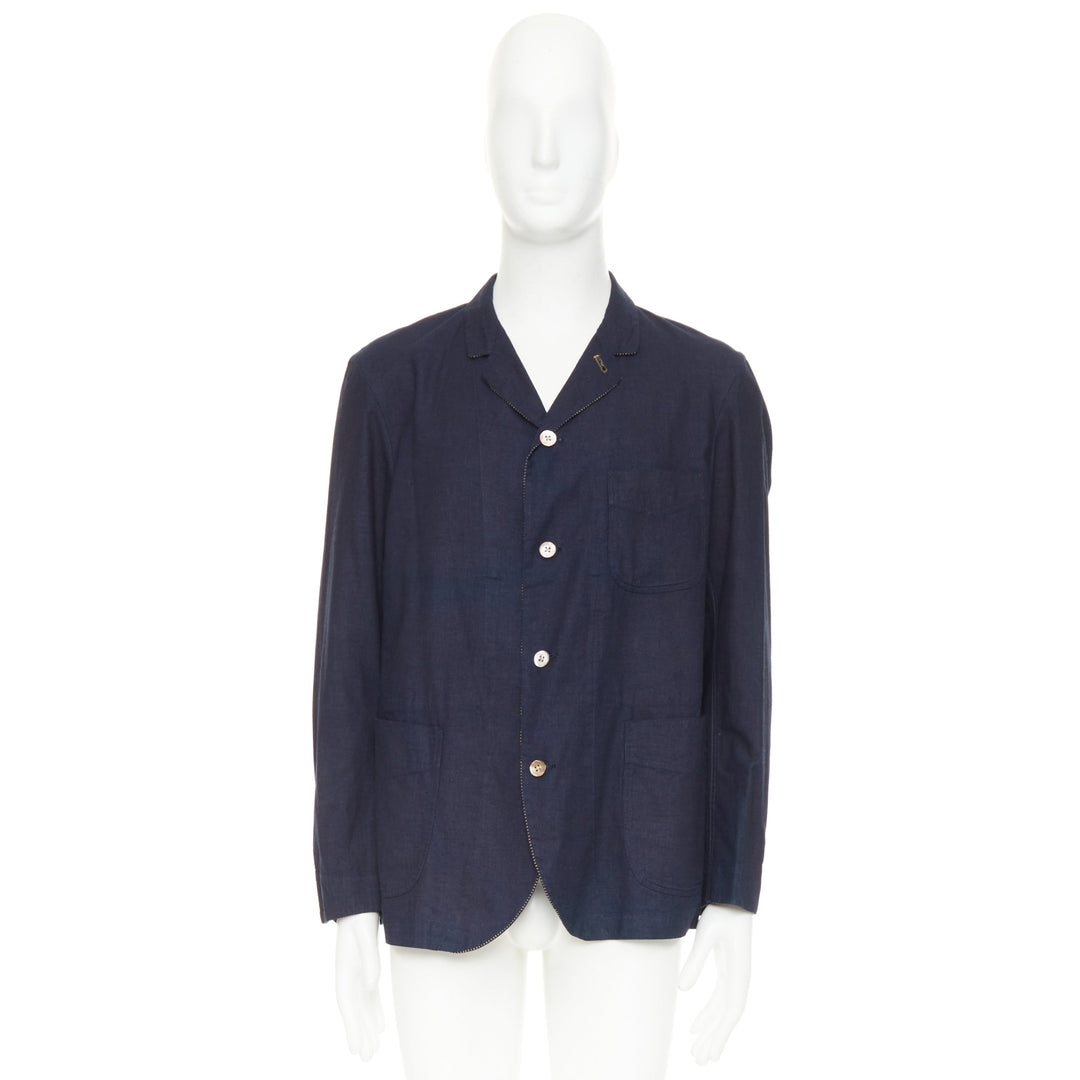 45R JAPAN indigo cotton 3-pocket yellow topstitched shirt jacket blazer JP4 XL