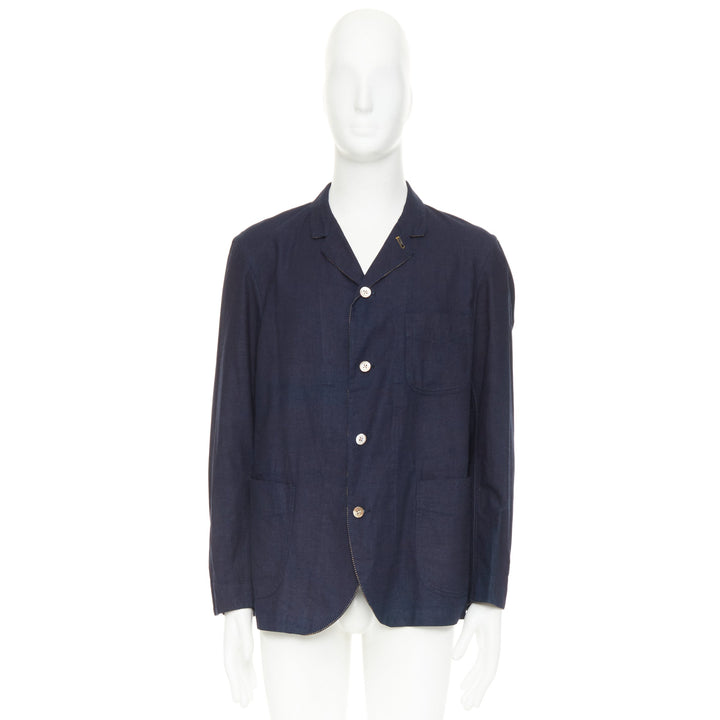 45R JAPAN indigo cotton 3-pocket yellow topstitched shirt jacket blazer JP4 XL