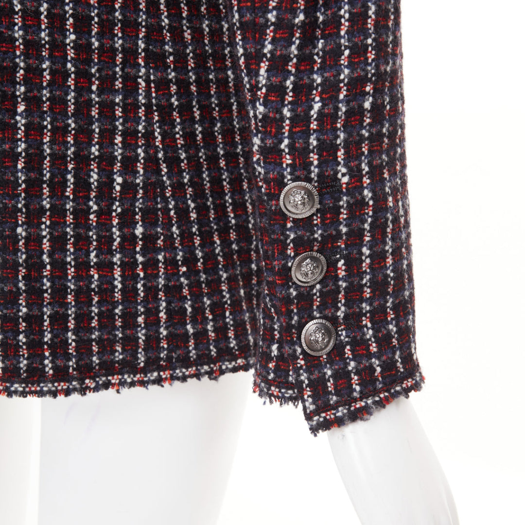 CHANEL 2008 burgundy navy check striped tweed cashmere wool fringe blazer FR42 L
